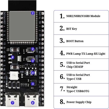 برد توسعه ESP32-S3 N16R8 دارای بلوتوث وایفای داخلی