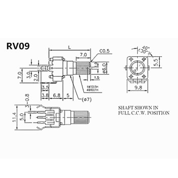 پتانسیومتر 10 کیلو اهمی RV09 خوابیده - بسته 5 عددی