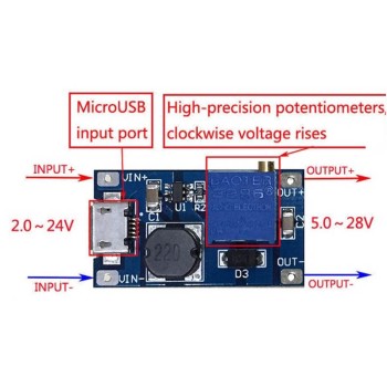 ماژول رگولاتور DC به DC افزاینده MT3608 دارای قابلیت تنظیم ولتاژ خروجی