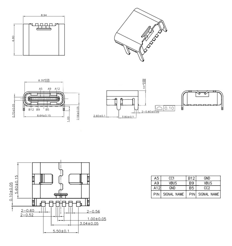 کانکتور USB مادگی Type C شش پین SMD - بسته 4 عددی