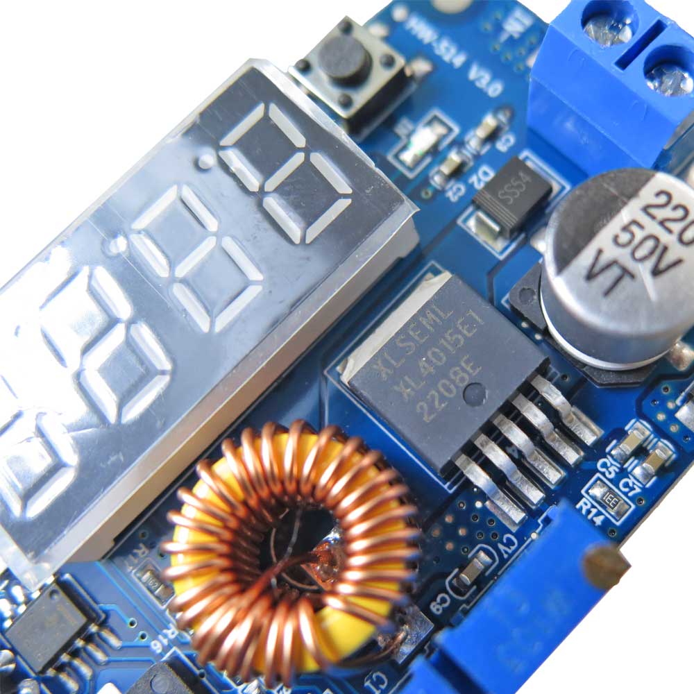 ماژول رگولاتور DC به DC کاهنده 5 آمپر دارای نمایشگر و قابلیت تنظیم ولتاژ و جریان خروجی